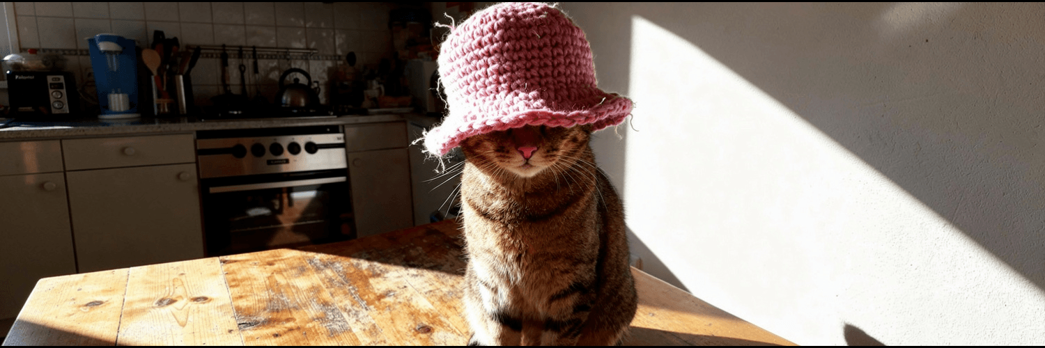 the same beanie and cat, wider shot of the kitchen table it was photographed on